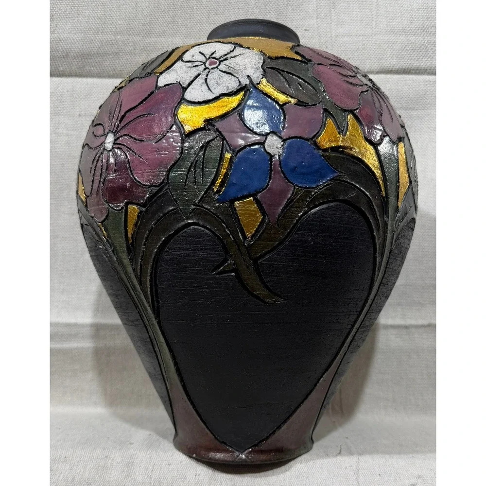 Vintage Studio Art Pottery Floral Vase Gold Leaf Textured Black Clay 12 Inch